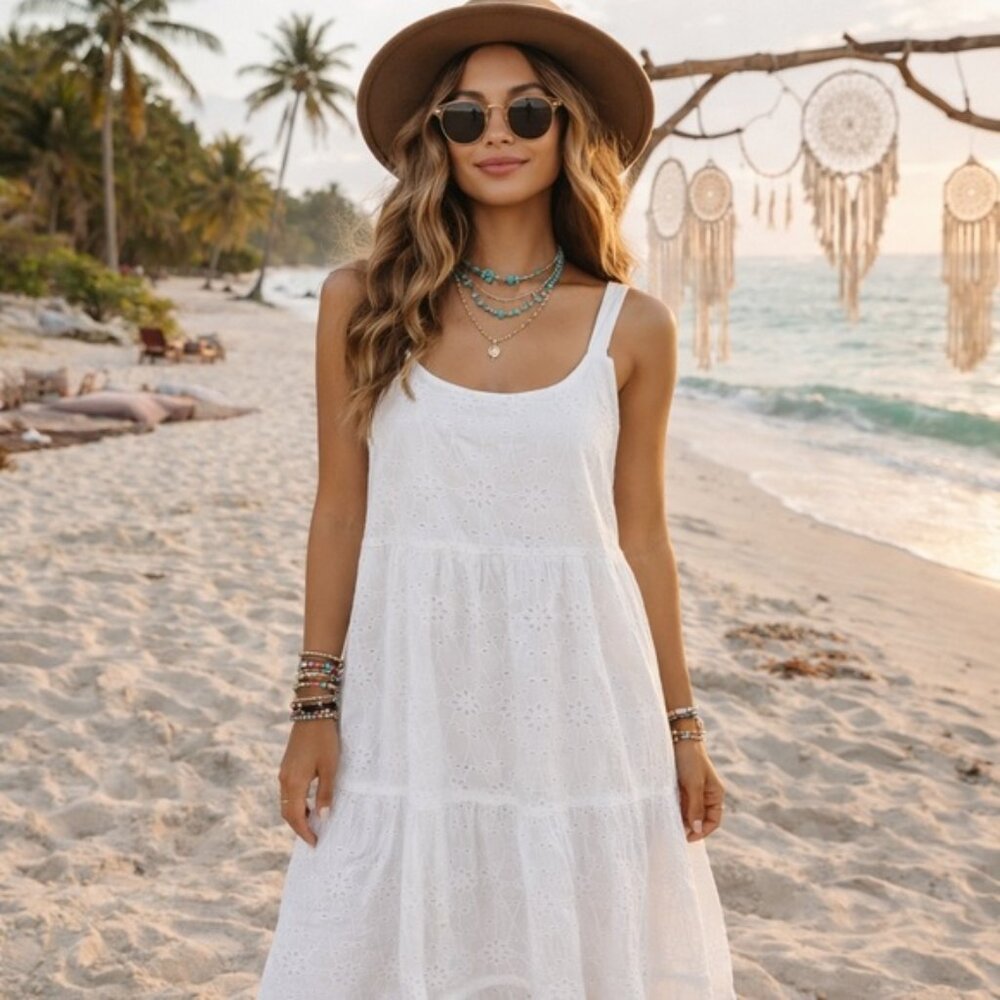 Lucky Brand White Eyelet Cotton Beach Boho Dress